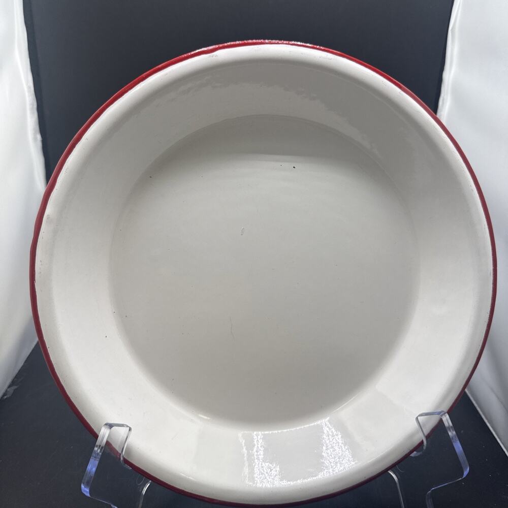 Vintage White Red Rim Enamelware Dinner Plate Farmhouse Camp Rustic 9.25 Inches